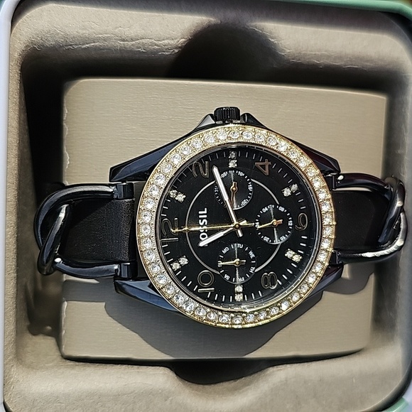 FOSSIL GOLD n DIAMOND BLACK LEATHER BAND FOSSIL WATCH 38mm - Picture 1 of 4